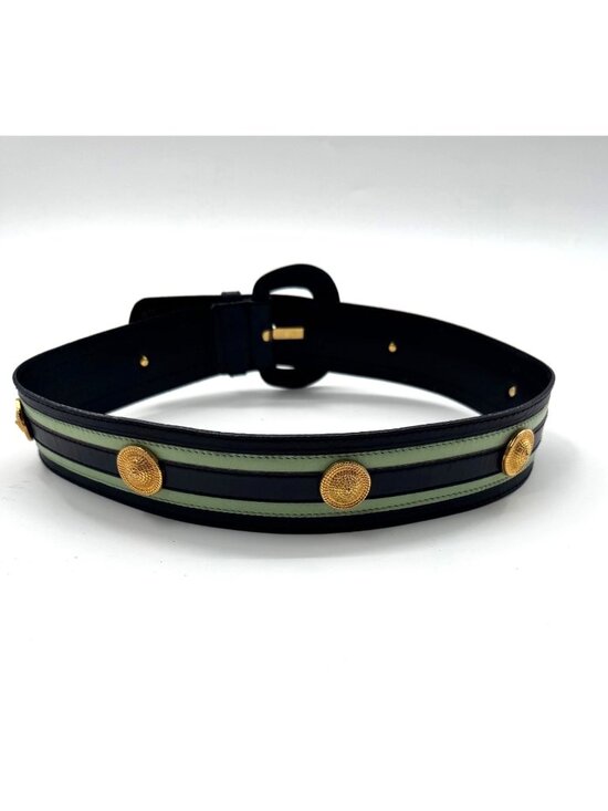 Vintage Escada Belt West Germany Navy/Green Gold Medallion Leather Belt EU 38 /S main image 9